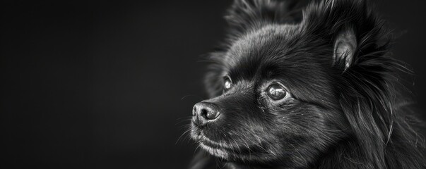 Black and white portrait of a Keeshond dog, capturing its alert expression.