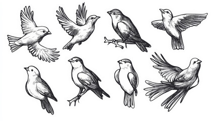 Obraz premium Trendy set of black silhouettes of birds on a white background, made with ink, rough brushstrokes. Generative AI