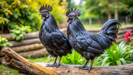 Fototapeta premium Two rare ayam cemani chickens sit majestically on a rustic log, their glossy black feathers glistening in the sunlight amidst the serene backdrop of a lush backyard.