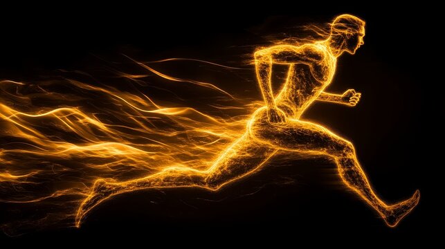 A glowing figure in motion, representing speed and agility, with a fiery trail suggesting dynamic energy.