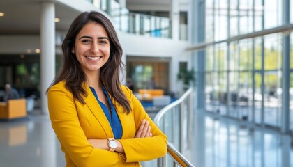 Confident and Radiant Businesswoman: Successful Entrepreneur Smiling in Corporate Office. Embodying Professional Excellence, Cultural Diversity, Businesswoman smiling cheerfully in an office lobby