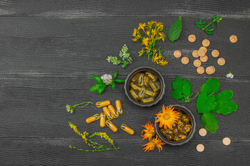 Plant based supplements, natural vitamins, fresh herbs and flowers. Organic ingredients medication