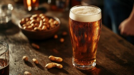 Lively Sports Bar Scene with a Frothy Pint of Beer, Peanuts, and Friends Enjoying the Game. AI generated illustration