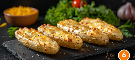 Six Delicious Stuffed Baked Potatoes with Melted Cheese on a Slate Plate, Garnished with Fresh Herbs