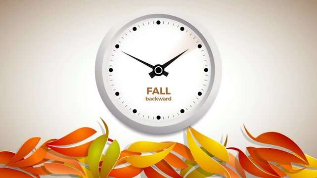 Animated illustration of a clock showing the time change when daylight savings time ends in the fall