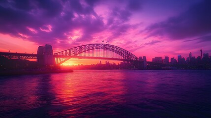 Naklejka premium 87. **Render the Sydney Harbour Bridge during a vibrant sunset with the city lights starting to glow in the background.**