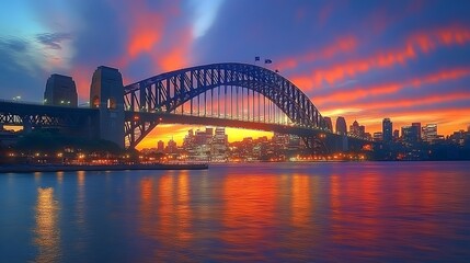Naklejka premium 87. **Render the Sydney Harbour Bridge during a vibrant sunset with the city lights starting to glow in the background.**