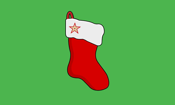 Red Christmas socking simple icon in flat design on green background. 