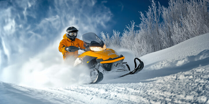 Snowmobiler riding through a snowy forest. A rider in a yellow jacket driving a snowmobile at high speed, kicking up snow in a dense, snow-covered woodland setting
