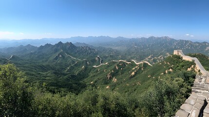 88. **Visualize the Great Wall of China with a panoramic view of the surrounding mountains and valleys.**