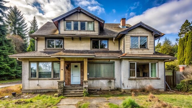 A Surrey-based vacant house awaits renovation, boasting an abundance of windows that frame the surrounding vistas,
