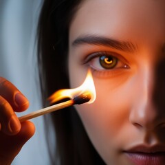 Obraz premium A close-up of a struck match, its flame reflected in a person's eyes, with a softly blurred background, symbolizing inspiration.
