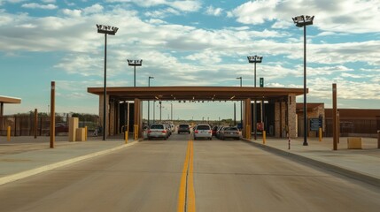 Cars Passing Through Border Checkpoint with Clear Blue Sky and Light Traffic