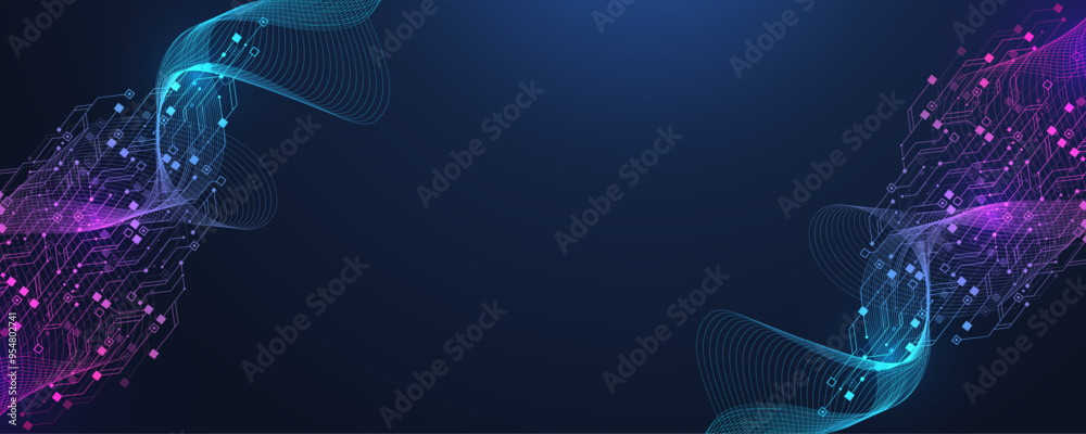 Fototapete Digital technology abstract background with AI circuit board texture. Technology connected blue lines with electronics elements on tech bg. Semiconductor hardware. Cyber engineering.