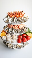 A Three-Tiered Platter with Oysters, Shrimp, and Tomatoes