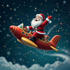 Santa flies on an airplane with gifts for Christmas. Generative AI