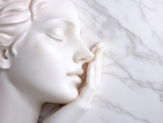 A serene marble sculpture of a woman's profile touching her cheek in soft elegance