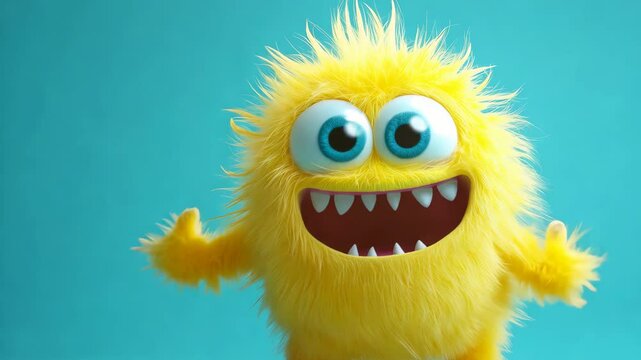 Cute yellow fluffy smiling monster 3D cartoon character