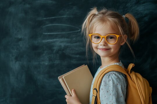 A happy young girl with glasses and a backpack, holding books in a classroom setting with a chalkboard background. - Powered by Adobe