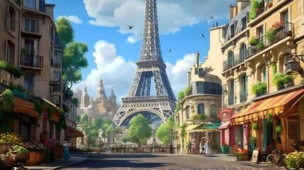 90. **Illustrate the Eiffel Tower with a lively street scene and the Parisian cityscape in the background.**