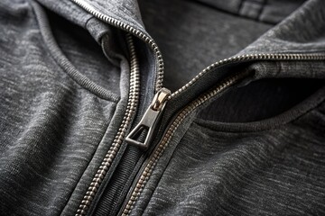 photo image of a black hoodie being zipped up, with a subtle texture and a faded design on the front