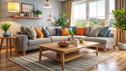 A warm and inviting living room combines modern furniture with minimalist decor, featuring a natural wood coffee table