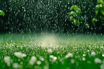 Close-up of Spring Rain Falling on Fresh Green Grass with Sparkling Water Droplets
