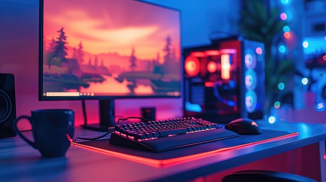 A gaming setup with a keyboard, mouse and computer monitor in the background. There is a cup on the desk next to it. The lighting has blue, purple and red neon lights. Generative AI.