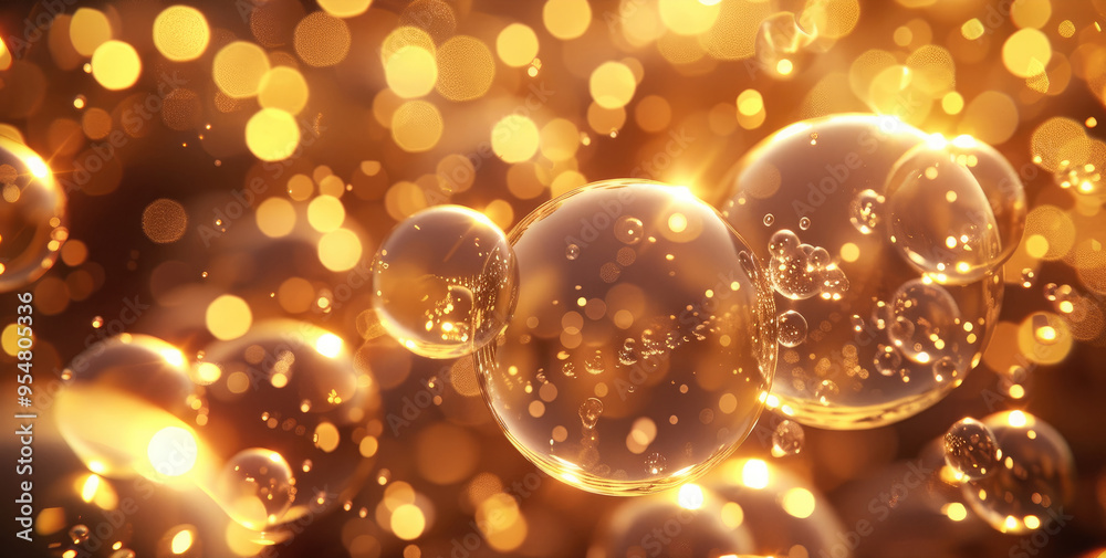 Poster the brilliant golden light effect shines on countless shiny transparent light spheres, making the tr