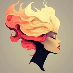 A vibrant portrait of a woman with flowing flames for hair against a minimalist background