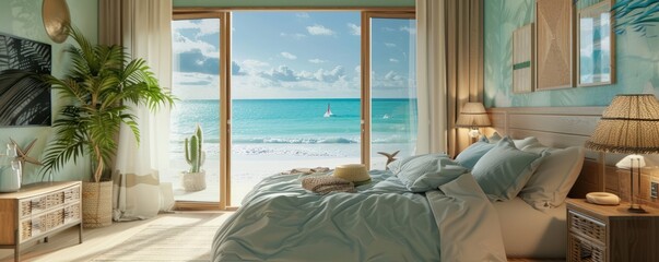 Beach-themed bedroom with light colors and ocean decor, 4K hyperrealistic photo