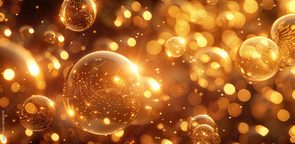 Poster the brilliant golden light effect shines on countless shiny transparent light spheres, making the tr