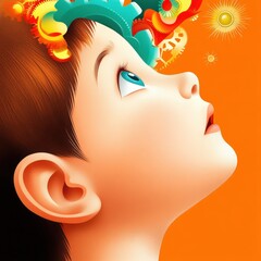 A child gazes upward, dreaming of innovation and possibility beneath a colorful brain explosion
