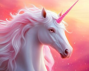 A long-haired white unicorn against a gradient background of pink and orange