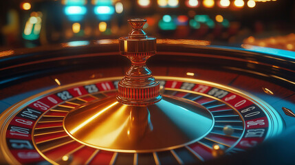 casino roulette table, The lighting is bright and focused on the table, highlighting the action. The ambiance is glamorous, with a mix of bright lights and rich colors typical of a casino setting