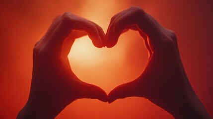 Obraz premium Two hands come together to form a heart silhouette, set against an orange and red glowing backdrop during twilight