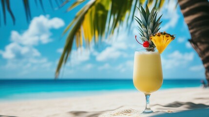 Tropical Pina Colada on a Beach Lounger with Ocean View. AI generated illustration