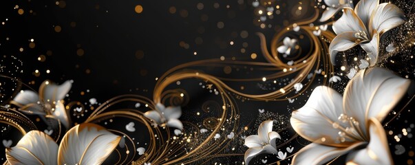 Elegant black and gold floral design with flowing silk textures, luxurious theme. Free copy space for banner.