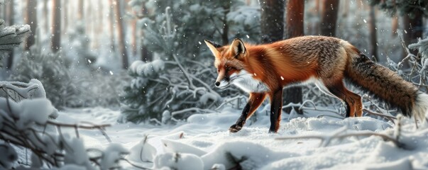 Obraz premium Cunning fox hunting in snowy woodland, 4K hyperrealistic photo