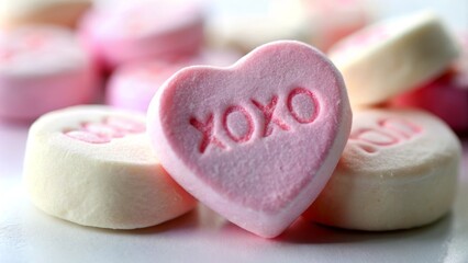 Sweetly smiling conversation heart candy radiates affection, its light pink and white hues softening on the creamy white background as the message "XOXO" is scribbled in loving detail.