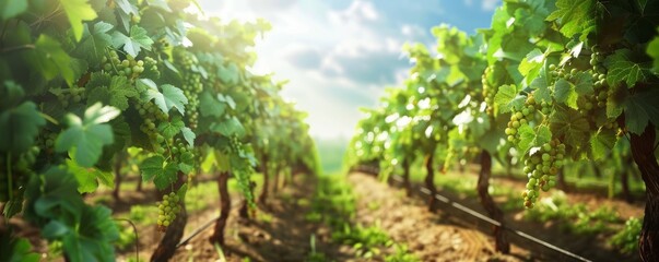 Naklejka premium Lush green vineyard on a sunny day, 4K hyperrealistic photo