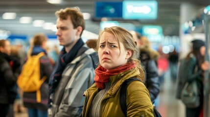 A woman with a scarf on her neck is standing in a crowded airport