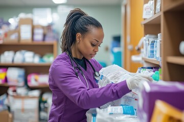 A nurse organizing health resources in a community center, showcasing outreach and support for public health initiatives.