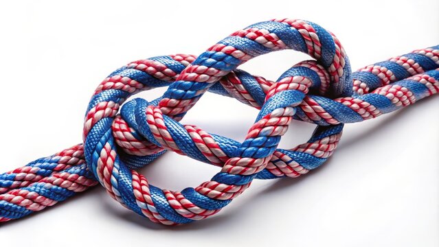 a photo image of a secure running bowline knot tied in a rope, the loops and coils expertly crafted as a sailing or climbing quick-release device