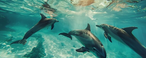 Fototapeta premium Playful dolphin pod swimming in turquoise waters, 4K hyperrealistic photo