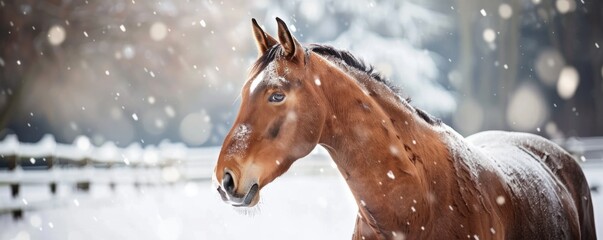 Stunning horse portrait against snowy backdrop, 4K hyperrealistic photo