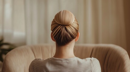 A woman with a neatly styled bun sits in a beige armchair, emphasizing elegance and simplicity in a cozy setting.
