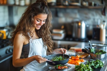 A woman cooking healthy meals in her kitchen, representing the role of nutrition in overall health and wellness.