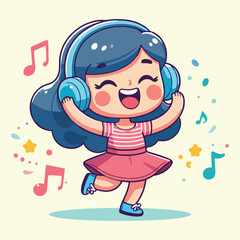 Joyful cute girl enjoying music. With vibrant colors and a sense of movement. Musical notes floating in the air. Illustration. Plain background.