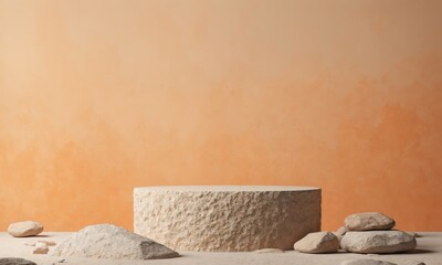Stone podium on a sandy surface with an orange background